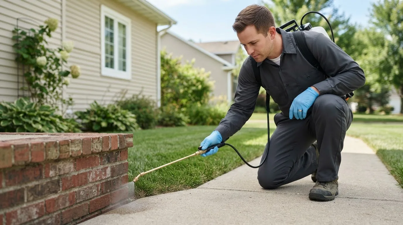 Pest control technician treating a home near Corning, IA